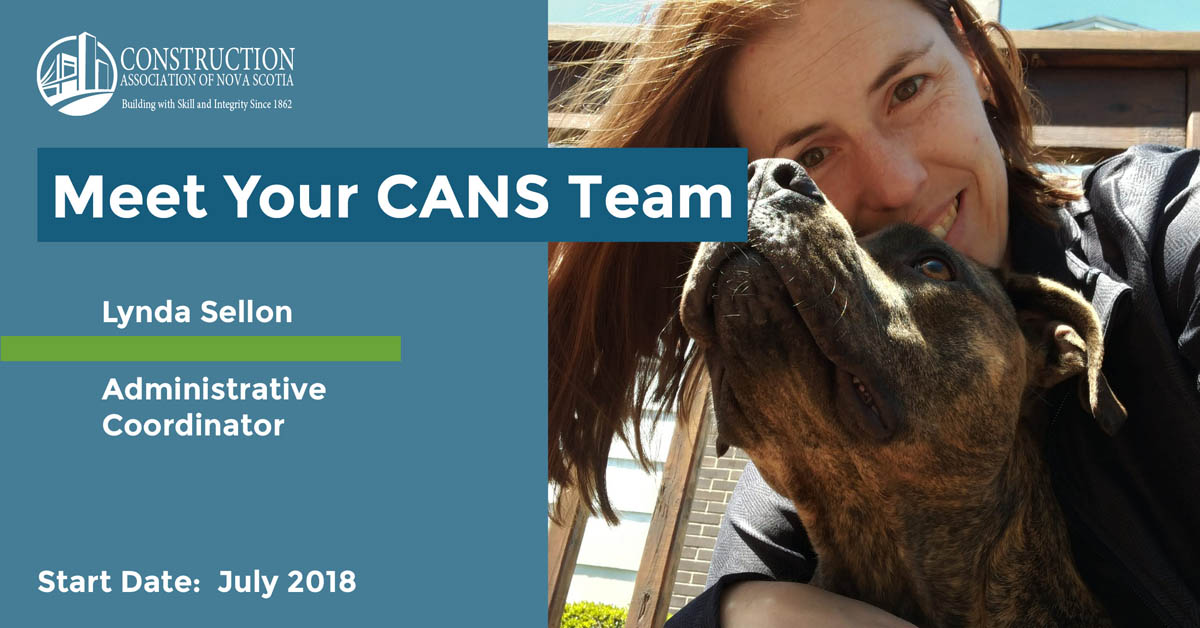Headline reads Meet Your CANS Team. Lynda Sellon - Administrative Coordinator. Start date: July 2018. Photo is a selfie of Lynda with one of her dogs.