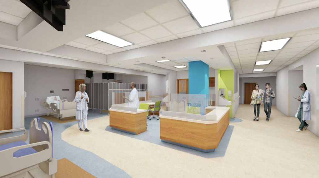 A rendering of the upgrades to the renal dialysis unit depicting a nursing station and patient beds, with doctors, nurses and visitors comfortably using the space.