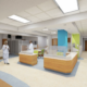 A rendering of the upgrades to the renal dialysis unit depicting a nursing station and patient beds, with doctors, nurses and visitors comfortably using the space.