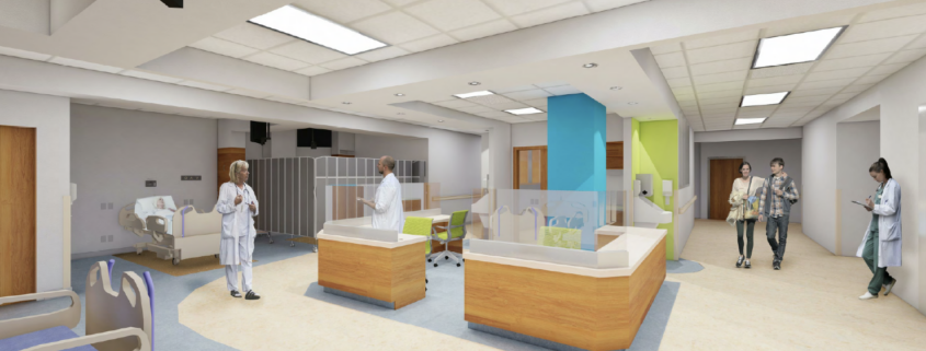 A rendering of the upgrades to the renal dialysis unit depicting a nursing station and patient beds, with doctors, nurses and visitors comfortably using the space.