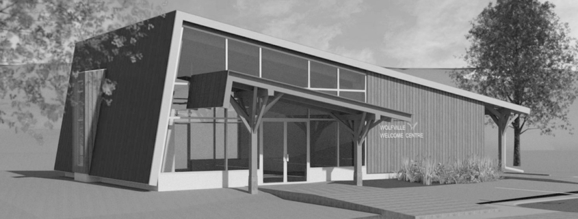 image depicts a rendering of the upcoming Town of Wolfville's visitor information centre project