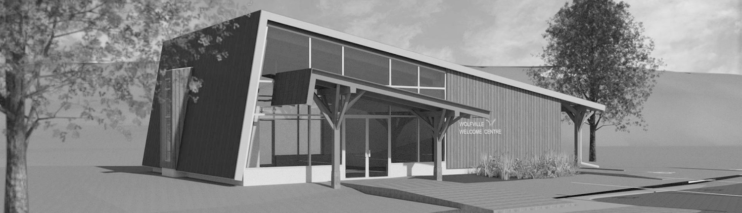 image depicts a rendering of the upcoming Town of Wolfville's visitor information centre project