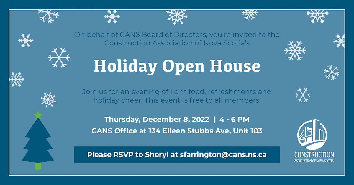 Image is an invitation. A blue background features festive evergreens and snowflakes. Text overlaid on the image reads, On behalf of CANS Board of Directors, you’re invited to get festive with CANS at our Holiday Open House on Thursday, December 8, 2022. Join us at CANS office for an evening of light food, refreshments and holiday cheer. This event is FREE to all CANS Members.