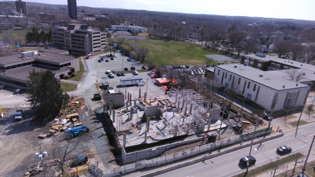 An aerial photo of progress on the New Ronald McDonald House.